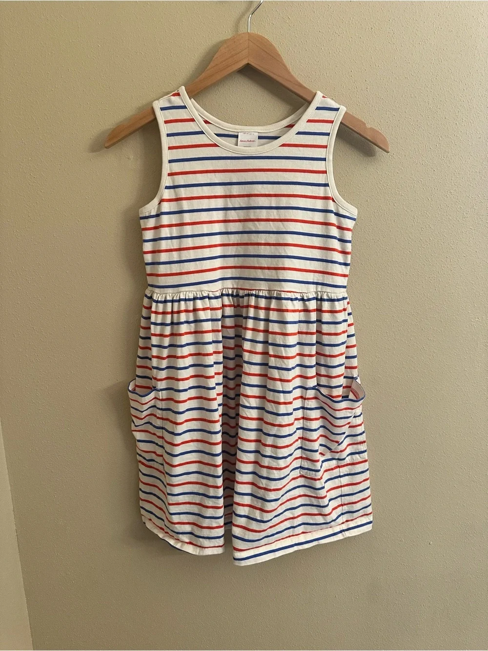Hanna Andersson Girls Striped Dress Red Blue White Sleeveless Pockets 12